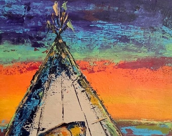 Tepee Original Wall Art Acrylic Abstract Colorful Contemporary Landscape Painting Tipi