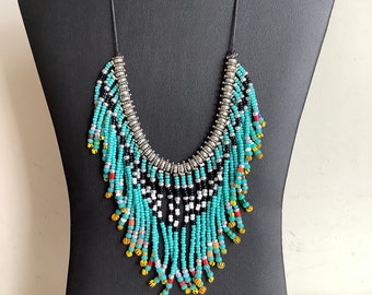 Turquoise Beaded Necklace Ethnic Cowgirl Western Tribal Fringed Handmade Jewelry