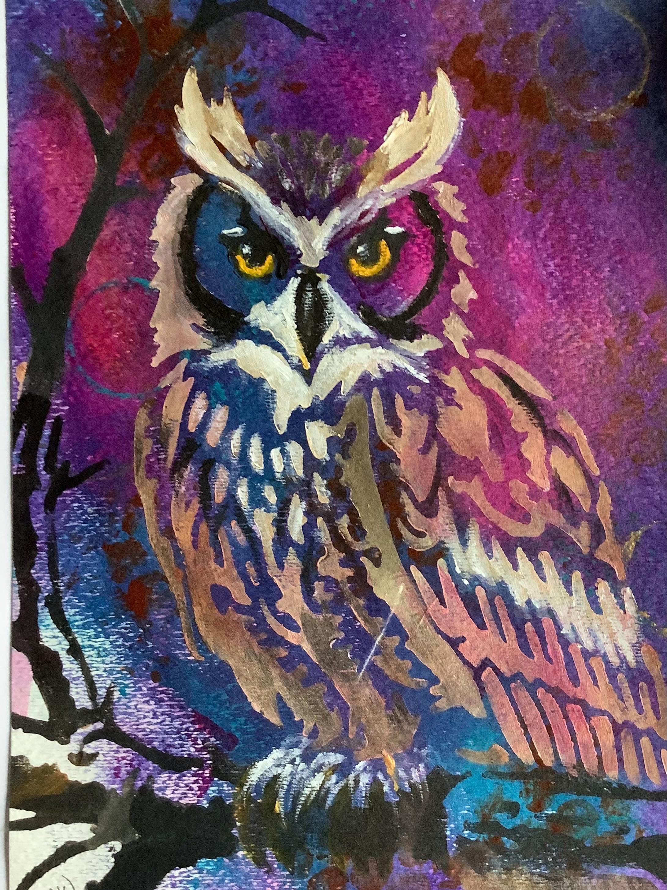 Owl original acrylic painting 7" X 10" on paper unframed "Night Vision"