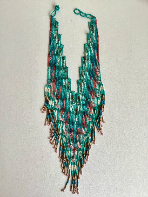 Vintage handmade turquoise and gold seed bead wov… - image 2