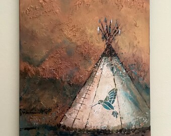 Tepee Landscape Wall Art Acrylic Landscape Painting Hummingbird