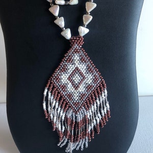 Pearl Necklace Gemstone Cowgirl Beaded  Tribal Pendant Fringed Handmade Jewelry