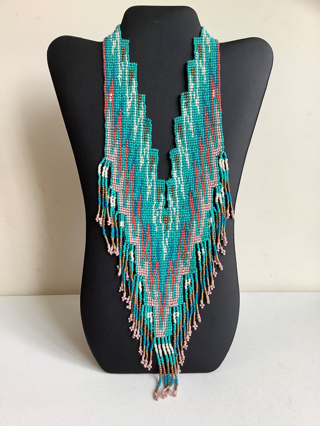 Vintage Handmade Turquoise and Gold Seed Bead Woven Necklace - Etsy