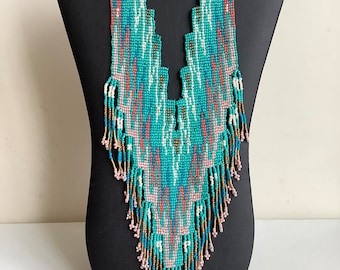 Vintage handmade turquoise and gold seed bead woven necklace