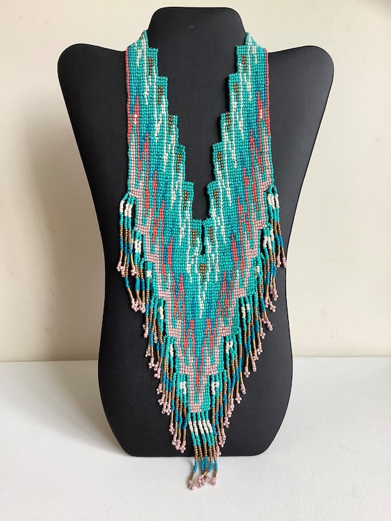 Vintage handmade turquoise and gold seed bead wov… - image 1