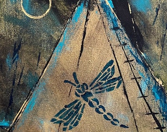 Tepee Original Wall Art Acrylic Abstract Landscape Tipi Dragonfly Painting