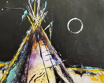 Tepee Original Wall Art Acrylic Abstract Contemporary Tipi Painting Night Scene