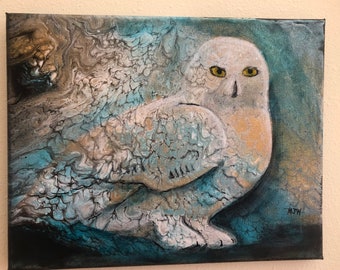 Owl Original Wall Art  Acrylic Contemporary Painting Snowy Owl Poured Painting