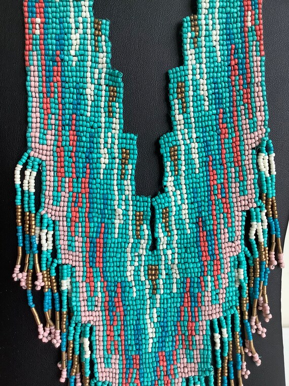 Vintage handmade turquoise and gold seed bead wov… - image 6