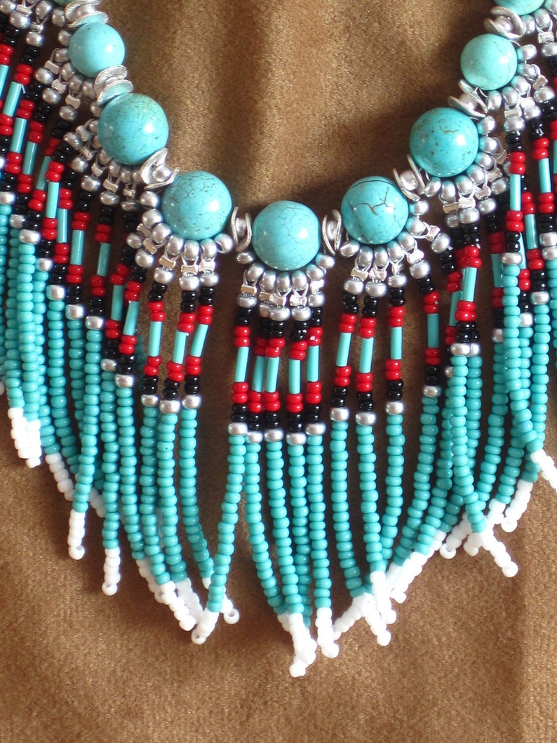 Native American style fringed beaded necklace in turquoise and Etsy