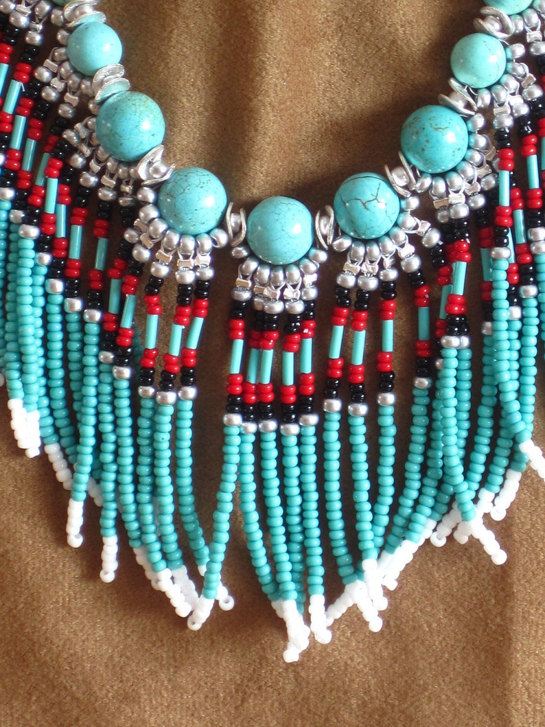 Native American style fringed beaded necklace in turquoise and | Etsy