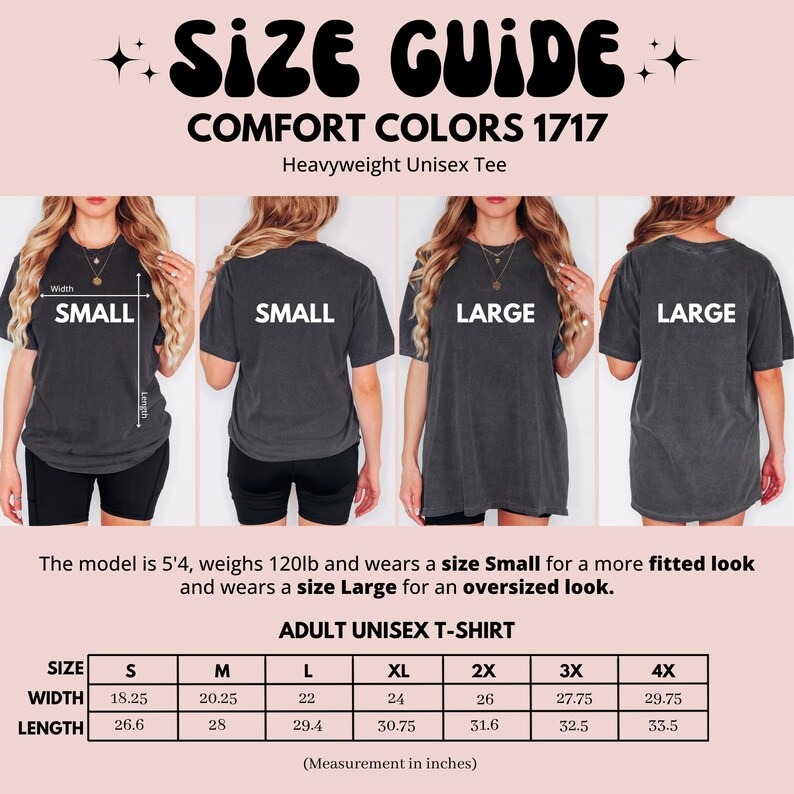 Comfort Colors 1717 Size Guide Heavyweight Unisex Tee, Small to Large Sizing Chart, Adult Unisex T-Shirt Size Breakdown