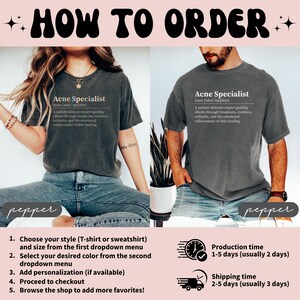 Two people wearing "Acne Specialist" t-shirts with ordering instructions.
