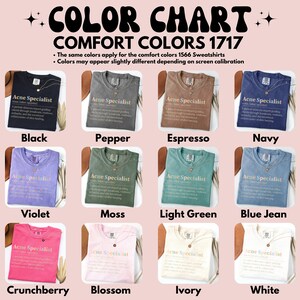 Color chart for Comfort Colors 1717 showing twelve shirt colors with "Acne Specialist" text.