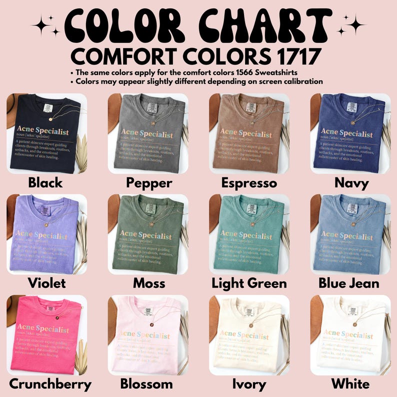 Color chart for Comfort Colors 1717 showing twelve shirt colors with "Acne Specialist" text.