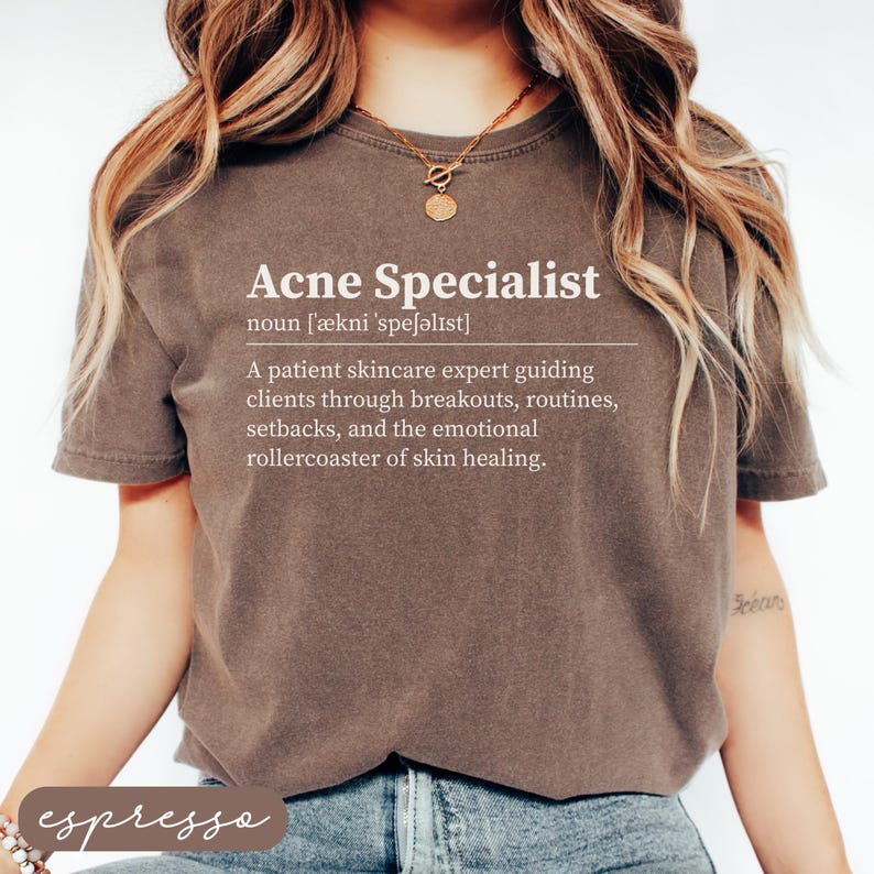 Brown t-shirt with "Acne Specialist" definition and "espresso" color swatch.