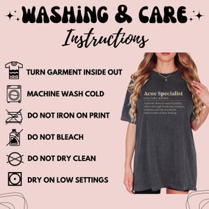 Dark grey t-shirt with "Acne Specialist" graphic and washing instructions.