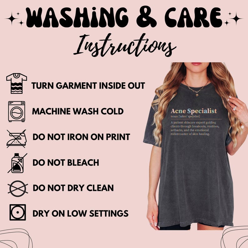 Dark grey t-shirt with "Acne Specialist" graphic and washing instructions.