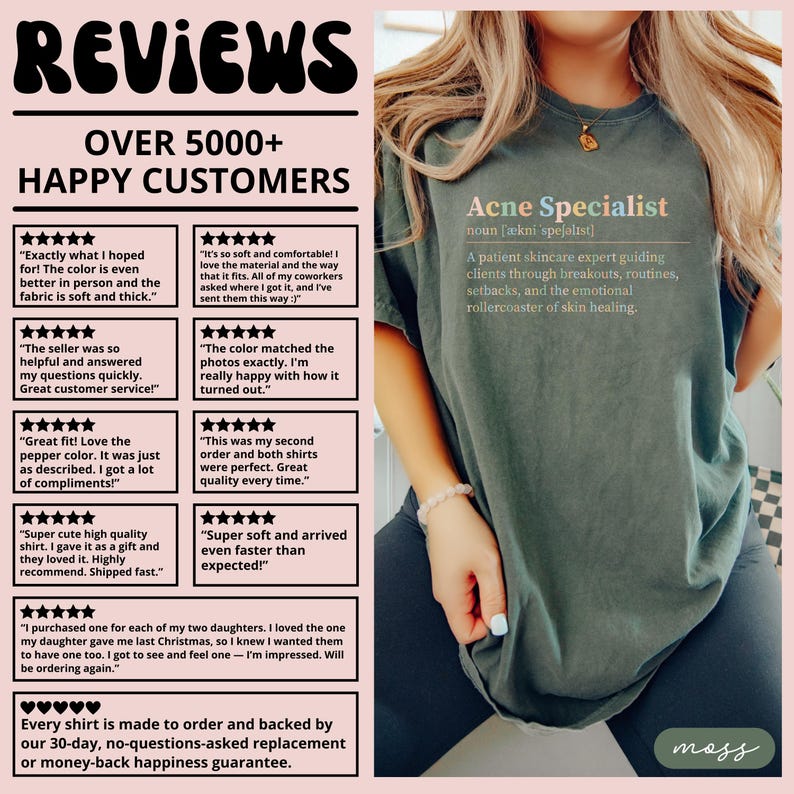 Dark green t-shirt with "Acne Specialist" definition and customer reviews.
