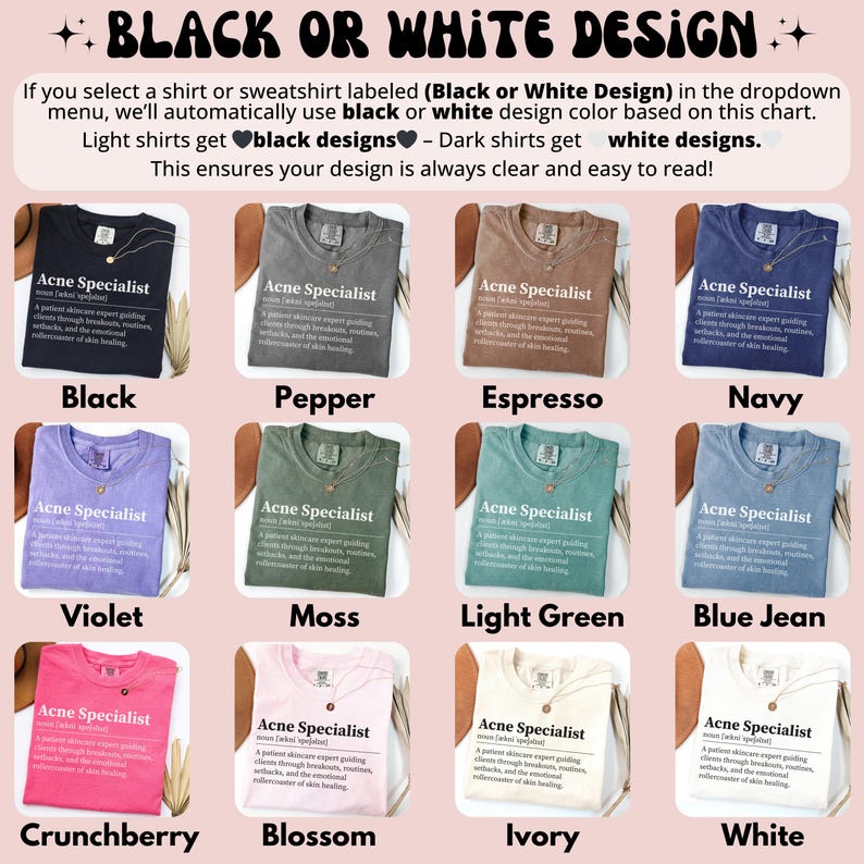 T-shirt color options for "Acne Specialist" design: Black, Espresso, Navy, Violet, Moss, Light Green, Blue Jean, Crunchberry, Blossom, Ivory, White.