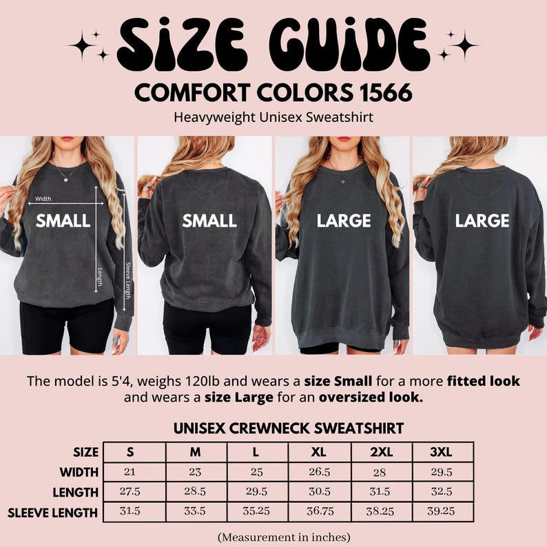 Size Guide Comfort Colors 1566, Heavyweight Unisex Sweatshirt, Small to 3XL, Crewneck, Size Specifications, Oversized and Fitted Look
