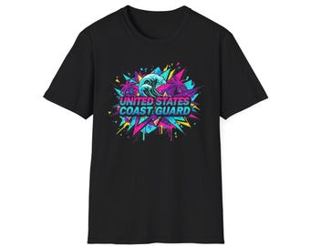 United States Coast Guard Retro 80s T-Shirt | USCG Neon Wave Abstract Graphic Tee | Coastie Gift