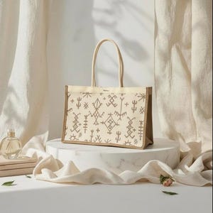 Può includere: Una borsa tote beige con un motivo geometrico marrone. La borsa ha una forma rettangolare con la parte superiore e i manici color crema. La borsa è realizzata in materiale di fibra naturale ed è esposta su un piedistallo bianco.