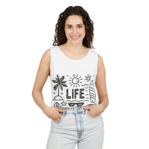 Unisex Garment-Dyed Tank-Top: Beach Surf Graphic Tee
