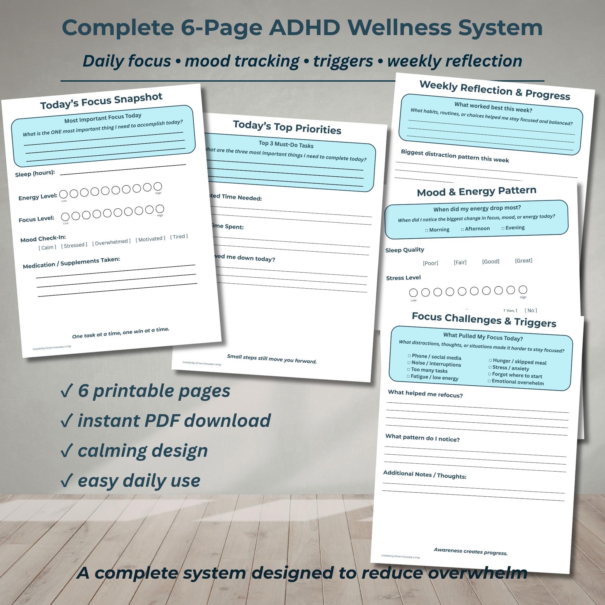 ADHD Focus Wellness Tracker Printable | Daily Focus Planner PDF | Mood ...