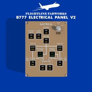 Puede incluir: Ilustración detallada de un panel eléctrico B777, con varios interruptores e indicadores. El panel es de color beige con texto y etiquetas en negro, incluyendo "Battery", "APU GEN" y "L BUS TIE". El fondo es azul oscuro con una silueta de avión blanca.