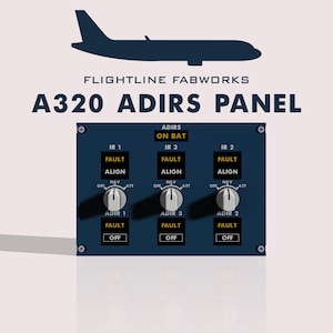 Puede incluir: Un panel A320 ADIRS azul oscuro con texto blanco y la silueta de un avi&oacute;n. El panel tiene varios interruptores y etiquetas, incluyendo "IR 1", "IR 2" e "IR 3", y las palabras "FAULT", "ALIGN" y "OFF".