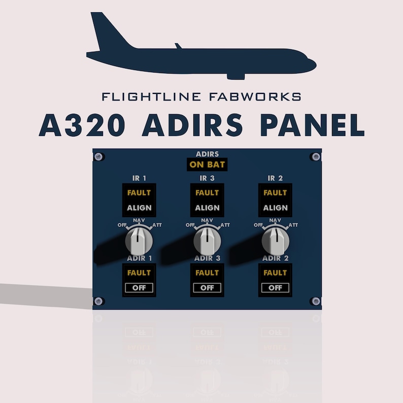 Puede incluir: Un panel A320 ADIRS azul oscuro con texto blanco y la silueta de un avi&oacute;n. El panel tiene varios interruptores y etiquetas, incluyendo "IR 1", "IR 2" e "IR 3", y las palabras "FAULT", "ALIGN" y "OFF".