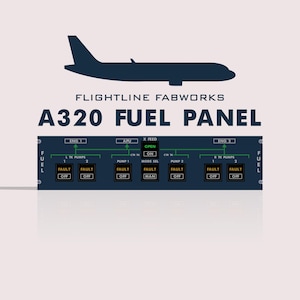 Puede incluir: Gráfico con temática de aviación que presenta una silueta de avión azul oscuro sobre el texto "FLIGHTLINE FABWORKS" y "A320 FUEL PANEL". Debajo, un gráfico detallado del panel de combustible con varios interruptores e indicadores etiquetados, incluyendo "ENG 1", "APU" y "ENG 2".