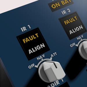 Puede incluir: Primer plano de un panel de control azul oscuro con texto y etiquetas blancos. El panel presenta el texto "IR 1", "IR 3", "FAULT", "ALIGN", "NAV" y "ATT". Tambi&eacute;n hay perillas e interruptores blancos.