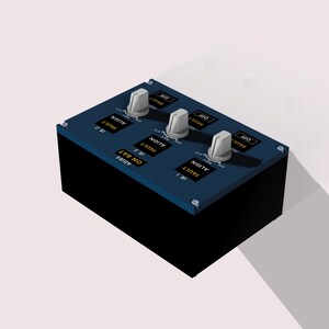 Puede incluir: Un panel de control azul oscuro con tres perillas blancas y varias etiquetas. Las etiquetas incluyen "FAULT", "ALIGN" y "ON BAT". El panel rectangular tiene una base negra y probablemente forma parte del sistema de instrumentos de una aeronave.