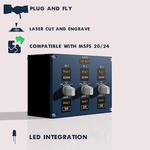 Puede incluir: Un panel de control azul oscuro con tres juegos de diales e interruptores, etiquetados ADIR 1, ADIR 2 y ADIR 3. El panel incluye el texto "FAULT", "ALIGN" y "OFF". La imagen tambi&eacute;n incluye el texto "PLUG AND FLY", "LASER CUT AND ENGRAVE", "COMPATIBLE CON MSFS 20/24" y "LED INTEGRATION".