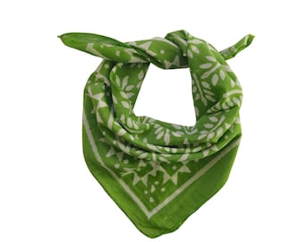 Green Floral Bandana, Hand Block Print Cotton Scarf, Boho Head Wrap
