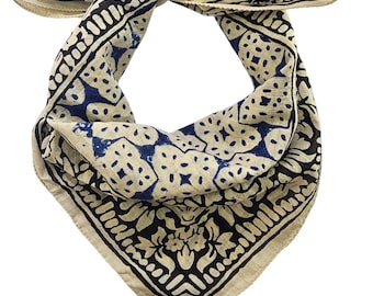 Hand Block Print Cotton Bandana, Indigo Blue Floral Scarf, Boho Head Wrap