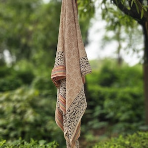 Floral Block Print Cotton Sarong: Indian Zari Border Beach Wrap