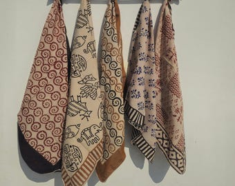 Hand Block Printed Cotton Bandana Scarf, Organic Dyes, Artisan Made