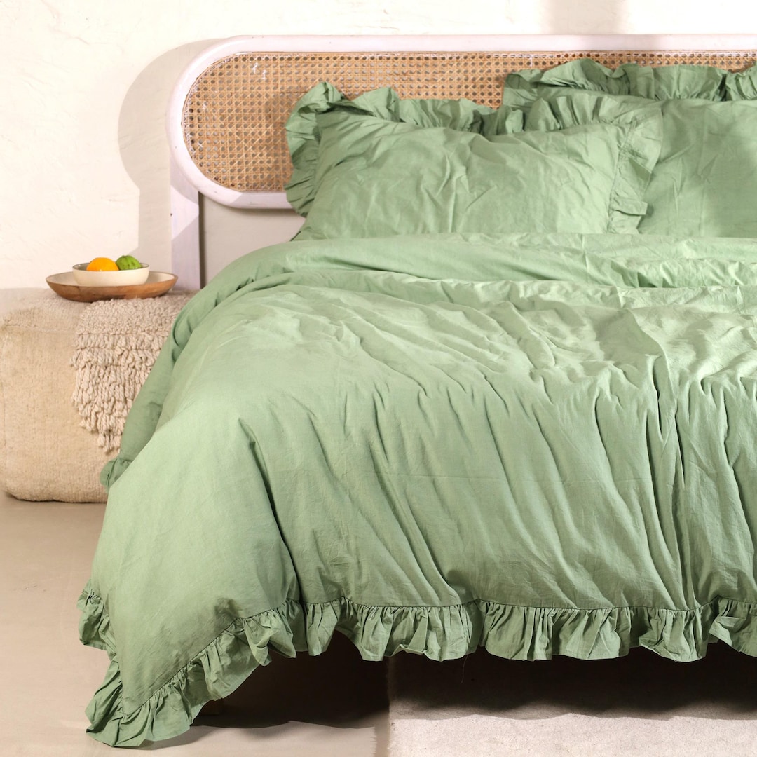 Green Bad Ruffles Ruffle Sage Green Cotton Duvet Cover Set: Farmhouse Bedding - Etsy