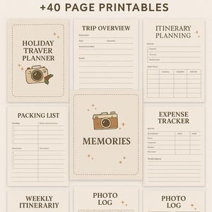 May include: A beige travel planner with the text "HOLIDAY TRAVEL PLANNER +40 PAGE PRINTABLES". The planner includes pages for trip overview, itinerary planning, packing list, expense tracker, weekly itinerary, and photo logs.