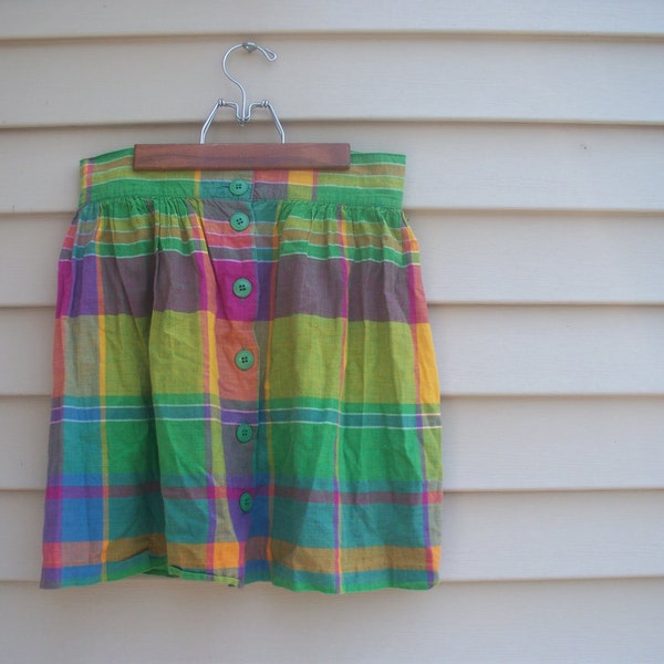 SALE / Bright Plaid 80's Skirt / Small / Green Yellow Purple