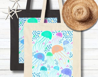 Tropical Jellyfish Cotton Canvas Beach Tote Bag | Eco-Friendly Reusable Shopping Bag