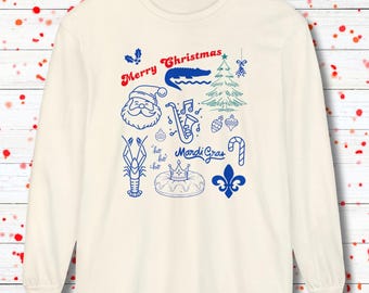 Cajun Merry Christmas Long Sleeve Comfort Colors Tee, New Orleans Christmas Shirt, Alligator Xmas Shirts, Mardi Gras Gift, Louisiana Xmas