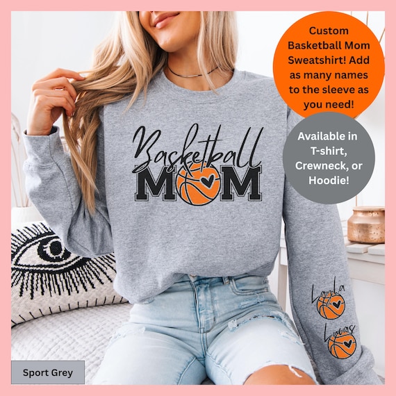 Basketball Mom Shirt Hoodie Custom Sweatshirt Personalized Apparel Sport Heart Design Name Customization Team Parent Game Day High School