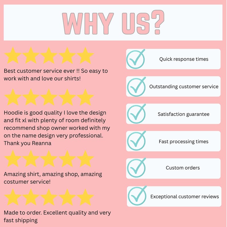 May include: A pink graphic with the text "WHY US?" in a light pink font. The graphic includes five gold stars, customer reviews, and checkmarks with text such as "Quick response times" and "Exceptional customer reviews."