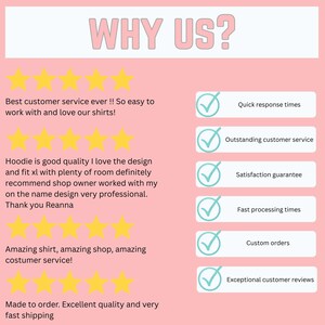 May include: A pink graphic with the text "WHY US?" in a light pink font. The graphic includes five yellow stars, customer reviews, and checkmarks with text such as "Quick response times" and "Exceptional customer reviews."