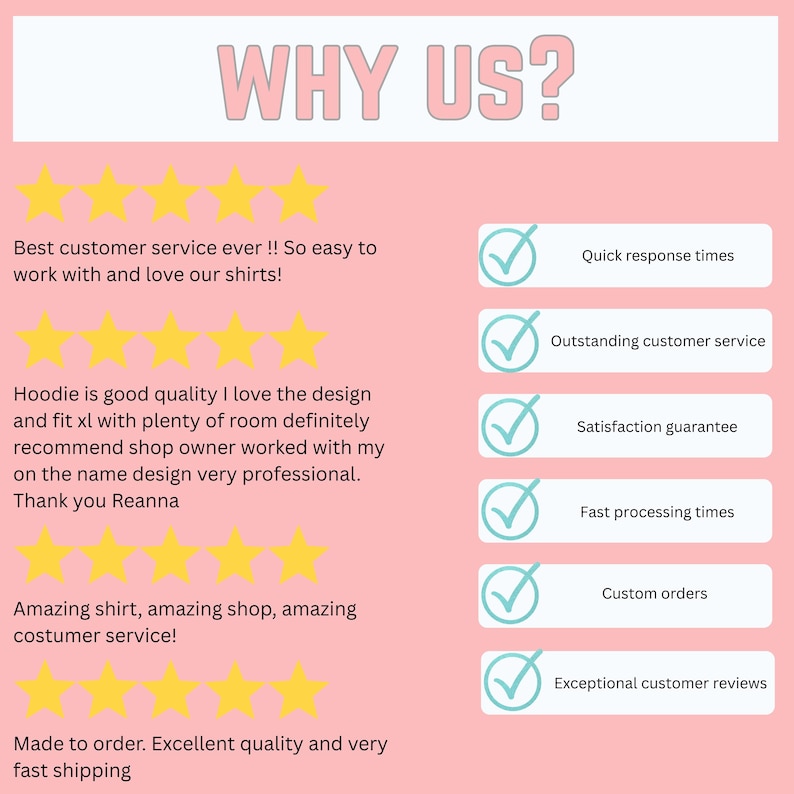 May include: A pink graphic with the text "WHY US?" in a light pink font. The graphic includes five yellow stars, customer reviews, and checkmarks with text such as "Quick response times" and "Exceptional customer reviews."