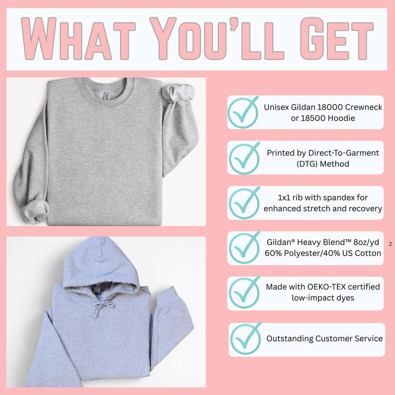 May include: A light gray crewneck sweatshirt and a light blue hoodie are displayed. The image includes text that reads "WHAT YOU'LL GET" and lists features such as Direct-To-Garment printing, spandex ribbing, and OEKO-TEX certified dyes.